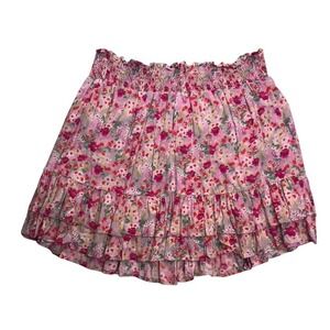A Beautiful Soul Floral Smocked Waist Tiered Ruffle Mini Skirt Pink Size C NWOT